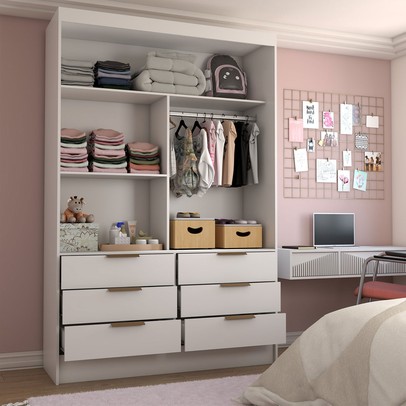 Guarda-Roupa Infantil Cameron 2 Portas de Correr 6 Gavetas com Espelho Branco - Panorama Móveis