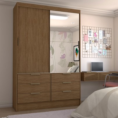 Guarda-Roupa Infantil Cameron 2 Portas de Correr 6 Gavetas com Espelho Marrom - Panorama Móveis