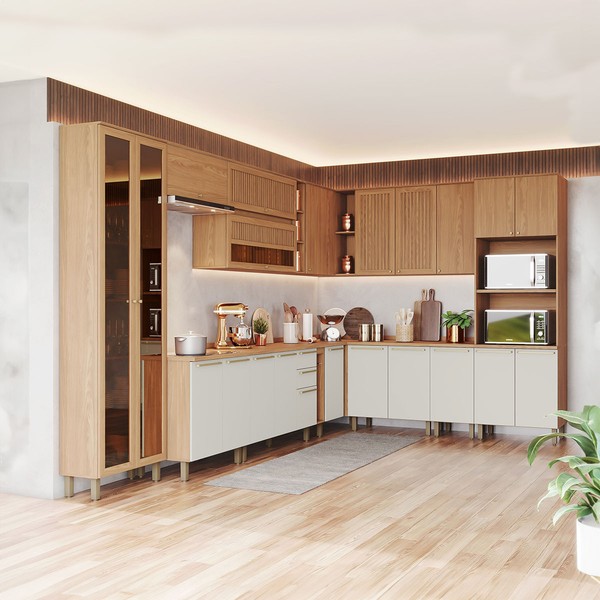 Cozinha Completa Requinte 22 Portas 2 Gavetas Ripado com Vidro Nature/Areia - Henn