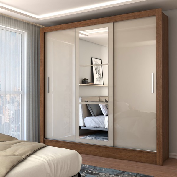 Guarda-Roupa Casal Castela 3 Portas 3 Gavetas com Espelho Cinamomo/Off White - Panorama Móveis