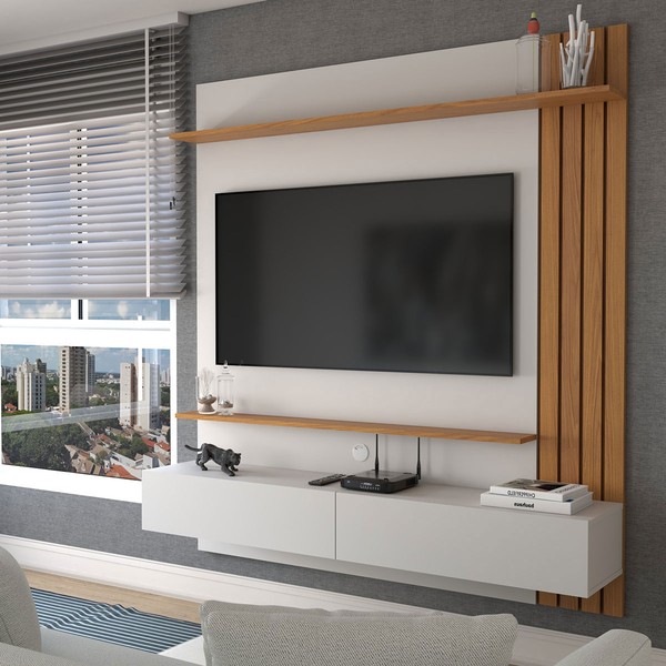 Painel para TV Até 65 Polegadas Christiania 2 Portas 2 Prateleiras Off White Matte/Freijó - Panorama Móveis