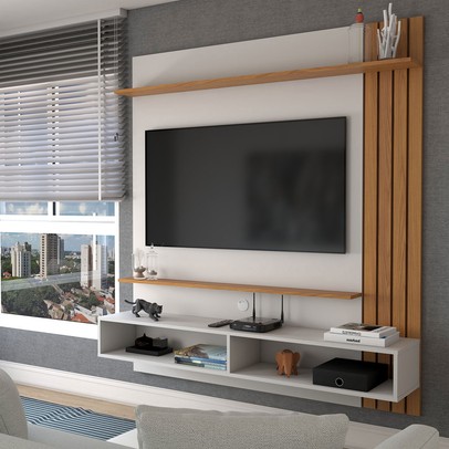 Painel para TV Até 65 Polegadas Christiania 2 Portas 2 Prateleiras Off White Matte/Freijó - Panorama Móveis