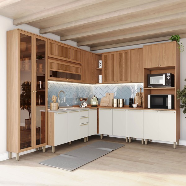 Cozinha Completa Requinte 19 Portas 2 Gavetas Ripado com Vidro Ce882 Nature/Areia - Henn