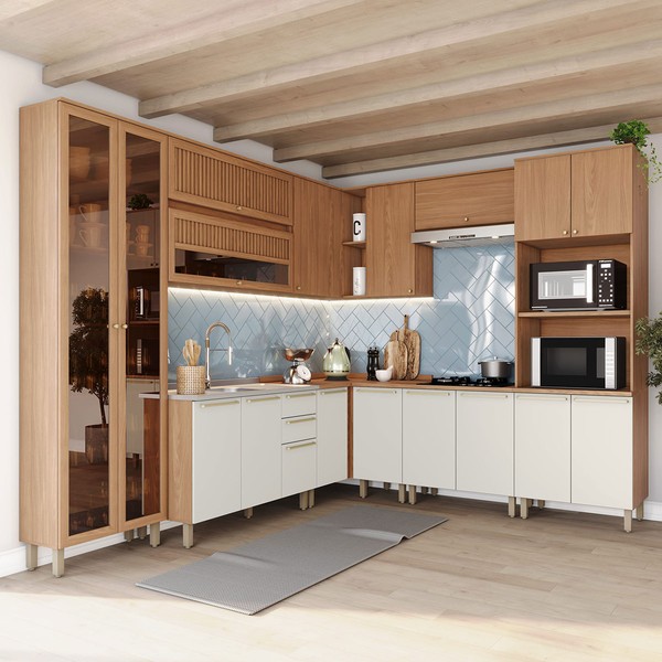 Cozinha Completa Requinte 18 Portas 2 Gavetas Ripado com Vidro Nature/Areia - Henn