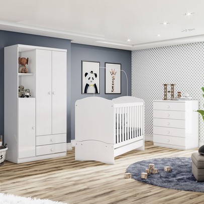 Quarto de Bebê Completo Bala de Menta 3 Portas 7 Gavetas Branco - Henn