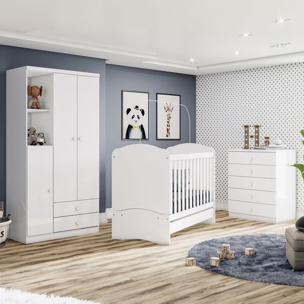Quarto de Bebê Completo Bala de Menta 3 Portas 7 Gavetas Branco - Henn