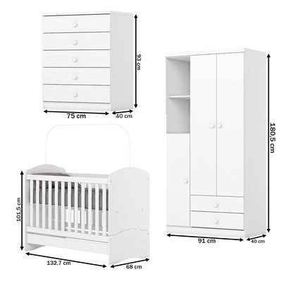 Quarto de Bebê Completo Bala de Menta 3 Portas 7 Gavetas Branco - Henn