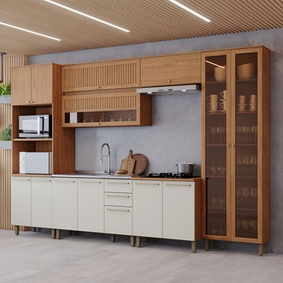 Cozinha Completa Requinte 14 Portas 2 Gavetas Ripado com Vidro Nature/Areia - Henn