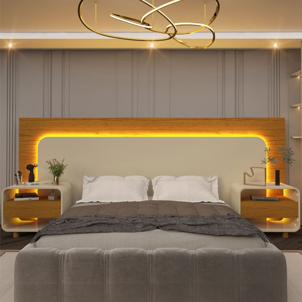 Cabeceira Extensível Innova 2 Gavetas com Led 100% Mdf Naturale/Off White - Gelius