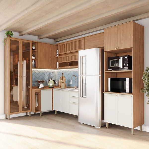 Cozinha Completa Requinte 14 Portas 2 Gavetas Ripado com Vidro Ce884 Nature/Areia - Henn