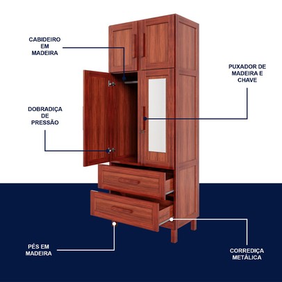 Guarda-Roupa Casal Piauí 4 Portas 2 Gavetas 1 Prateleira com Espelho Clean Madeira Maciça Mel - Rodmóveis
