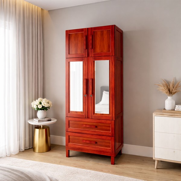 Guarda-Roupa Casal Piauí 4 Portas 2 Gavetas 1 Prateleira com Espelho Clean Madeira Maciça Mel - Rodmóveis
