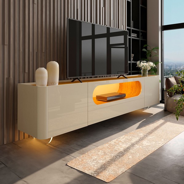 Rack para TV Até 85 Polegadas Nobre 2 Portas 1 Gaveta 100% Mdf com Led  e Pés de Vidro Off White/Naturale - Gelius