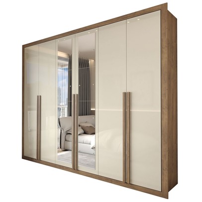 Guarda-Roupa Casal Severo 6 Portas 6 Gavetas com Espelho Ipê/Off White - Panorama Móveis