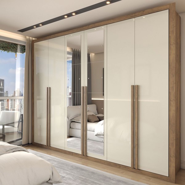 Guarda-Roupa Casal Severo 6 Portas 6 Gavetas com Espelho Ipê/Off White - Panorama Móveis