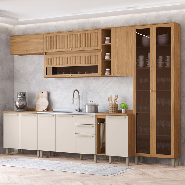 Cozinha Completa Requinte 12 Portas 2 Gavetas Ripado com Vidro Nature/Areia - Henn