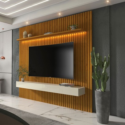 Painel para TV Até 85 Polegadas Nobre Ripado 2 Gavetas 100% Mdf com Led Naturale/Off White - Gelius