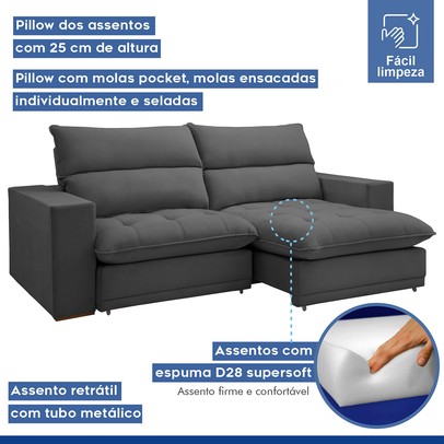 Sofá Retrátil e Reclinável Martinho 230cm Veludo Cinza  - Celflex