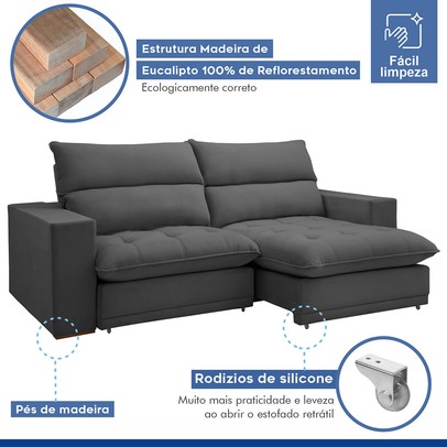 Sofá 2 Lugares Martinho Retrátil Veludo Cinza - Celflex