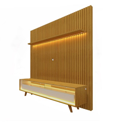 Rack com Painel para TV Até 85 Polegadas Requinte Nobre 2 Gavetas Ripado 100% Mdf com Led Naturale/Off White - Gelius