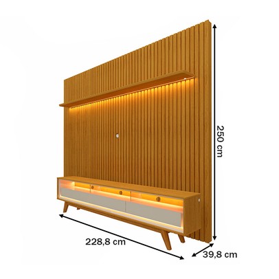 Rack com Painel para TV Até 85 Polegadas Nobre 3 Gavetas Ripado 100% Mdf com Led Naturale/Off White - Gelius