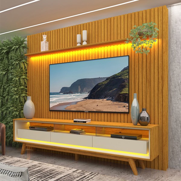 Rack com Painel para TV Até 85 Polegadas Nobre 3 Gavetas Ripado 100% Mdf com Led Naturale/Off White - Gelius