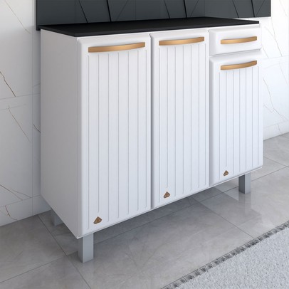 Balcão de Cozinha em Aço Steel com Tampo 3 Portas 1 Gaveta Branco - Panorama Móveis