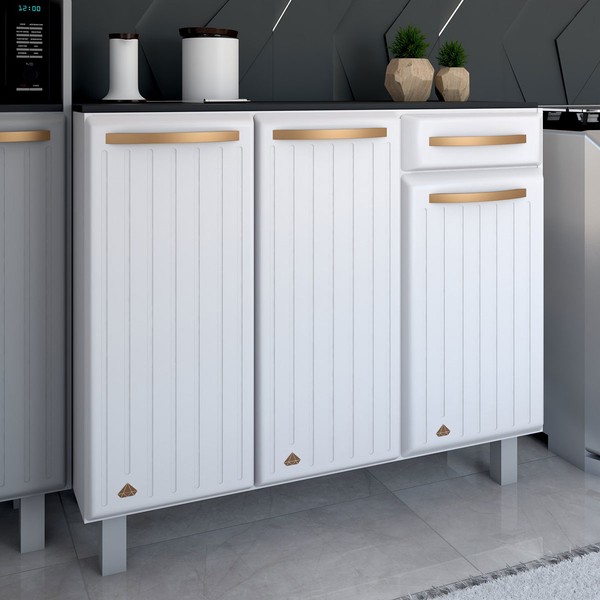 Balcão de Cozinha em Aço Steel com Tampo 3 Portas 1 Gaveta Branco - Panorama Móveis