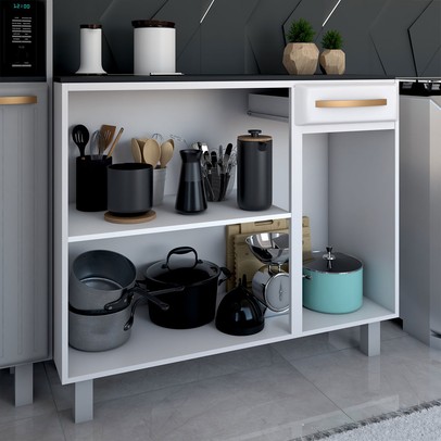 Balcão de Cozinha em Aço Steel com Tampo 3 Portas 1 Gaveta Branco - Panorama Móveis