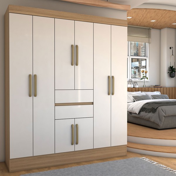 Guarda-Roupa Solteiro Leal Slim 8 Portas 2 Gavetas Amêndola Touch/Off White - Panorama Móveis