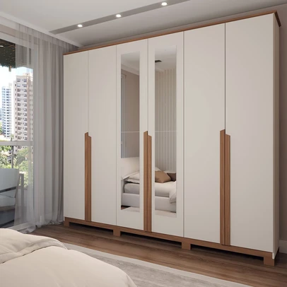 Guarda-Roupa Casal Calábria 6 Portas 6 Gavetas Espelho Nature/Off White - Panorama Móveis