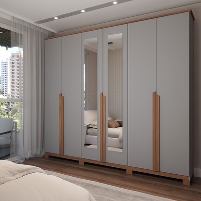 Guarda-Roupa Casal Calábria Slim 6 Portas 6 Gavetas Espelho Cinza/Nature - Panorama Móveis