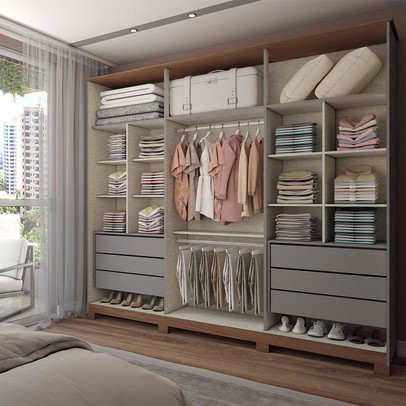 Guarda-Roupa Casal Calábria Slim 6 Portas 6 Gavetas Espelho Cinza/Nature - Panorama Móveis