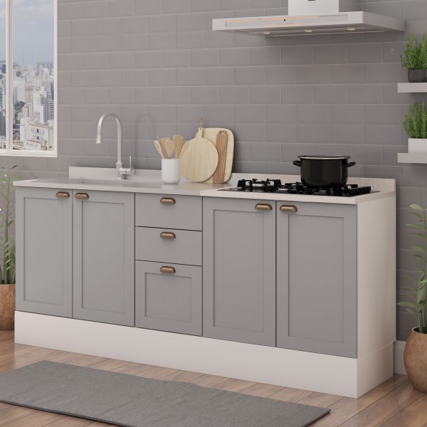 Balcão de Cozinha Iluminata 4 Portas 3 Gavetas 100% Mdf Branco/Fendi - Genialflex