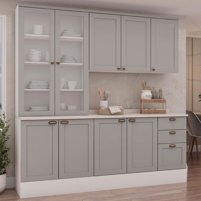 Cozinha Completa Iluminata 9 Portas 3 Gavetas 100% Mdf com Vidro Branco/Fendi - Genialflex