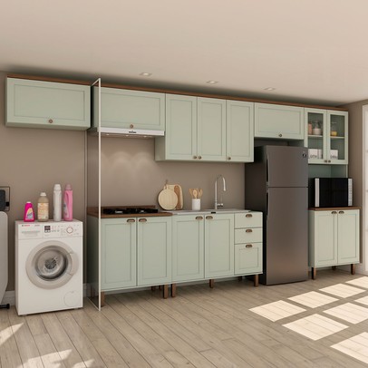 Cozinha Completa Iluminata 14 Portas 3 Gavetas 100% Mdf com Vidro Mint/ébano - Genialflex