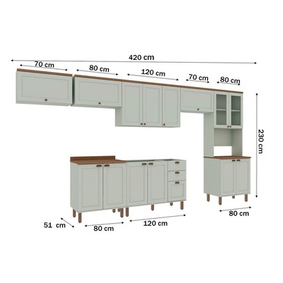 Cozinha Completa Iluminata 14 Portas 3 Gavetas 100% Mdf com Vidro Mint/ébano - Genialflex
