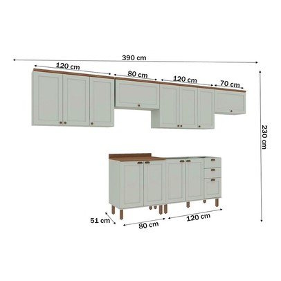 Cozinha Completa Iluminata 12 Portas 3 Gavetas 100% Mdf Mint/ébano - Genialflex