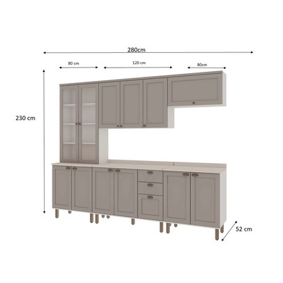 Cozinha Completa Iluminata 12 Portas 3 Gavetas 100% Mdf com Vidro Branco/Fendi/Mineral - Genialflex
