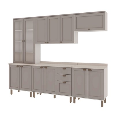 Cozinha Completa Iluminata 12 Portas 3 Gavetas 100% Mdf com Vidro Branco/Fendi/Mineral - Genialflex