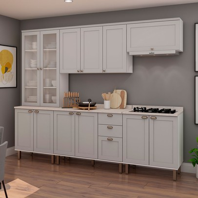 Cozinha Completa Iluminata 12 Portas 3 Gavetas 100% Mdf com Vidro Branco/Fendi/Mineral - Genialflex