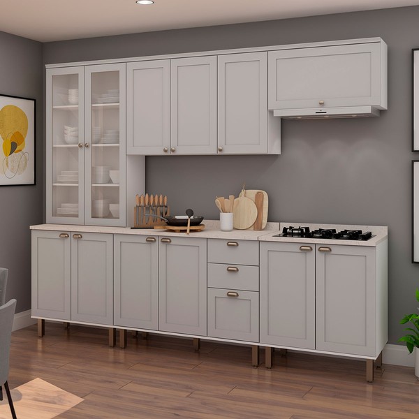 Cozinha Completa Iluminata 12 Portas 3 Gavetas 100% Mdf com Vidro Branco/Fendi/Mineral - Genialflex