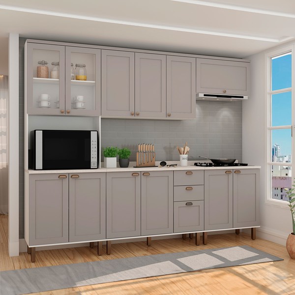 Cozinha Completa Iluminata Ester 12 Portas 3 Gavetas 100% Mdf com Vidro Branco/Fendi/Mineral - Genialflex