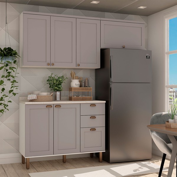 Cozinha Compacta Iluminata Flora 6 Portas 3 Gavetas Branco/Fendi/Mineral - Genialflex