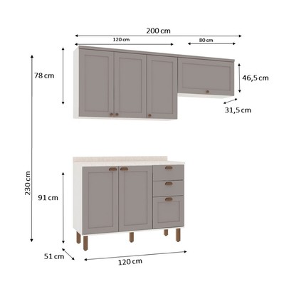 Cozinha Compacta Iluminata Flora 6 Portas 3 Gavetas Branco/Fendi/Mineral - Genialflex