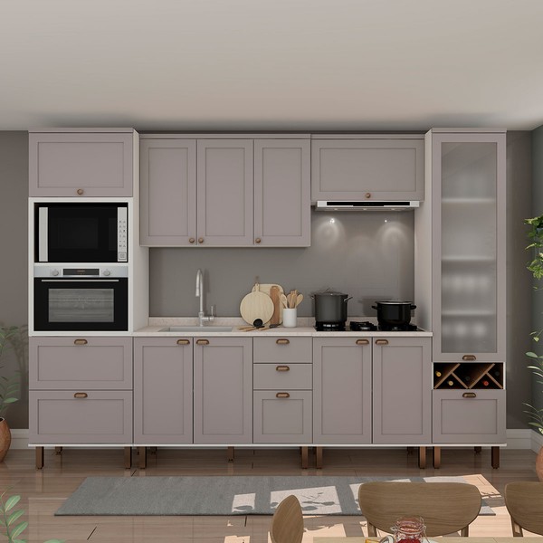 Cozinha Completa Iluminata Ayla 10 Portas 3 Gavetas 100% Mdf com Vidro Branco/Fendi/Mineral - Genialflex