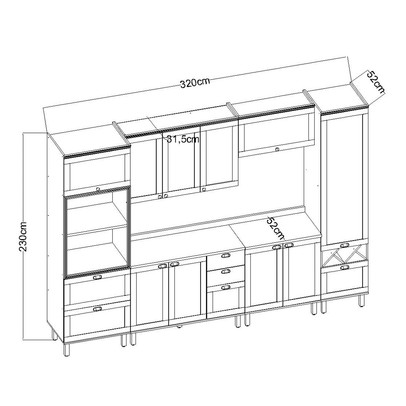 Cozinha Completa Iluminata Ayla 10 Portas 3 Gavetas 100% Mdf com Vidro Branco/Fendi/Mineral - Genialflex