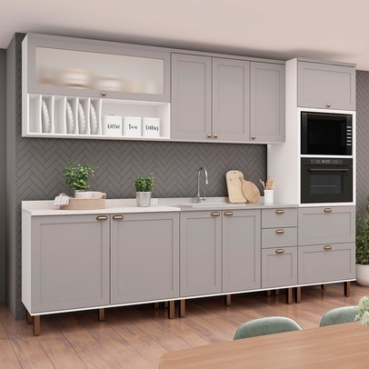 Cozinha Completa Iluminata Luna 10 Portas 4 Gavetas 100% Mdf com Vidro Branco/Fendi - Genialflex