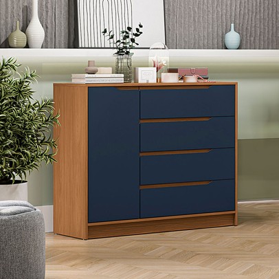 Cômoda 1 Porta 4 Gavetas R260 Canela/Azul Profundo - Kappesberg