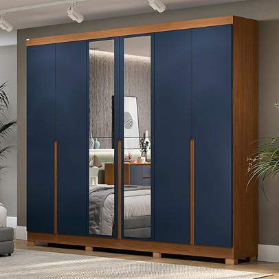 Guarda-Roupa Casal 6 Portas 4 Gavetas com Espelho Cb01r582 Canela/Azul Profundo - Kappesberg